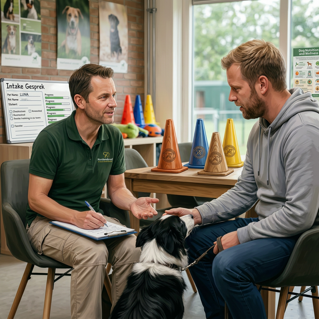 Trainer talking to dog owner with black and white dog in training room