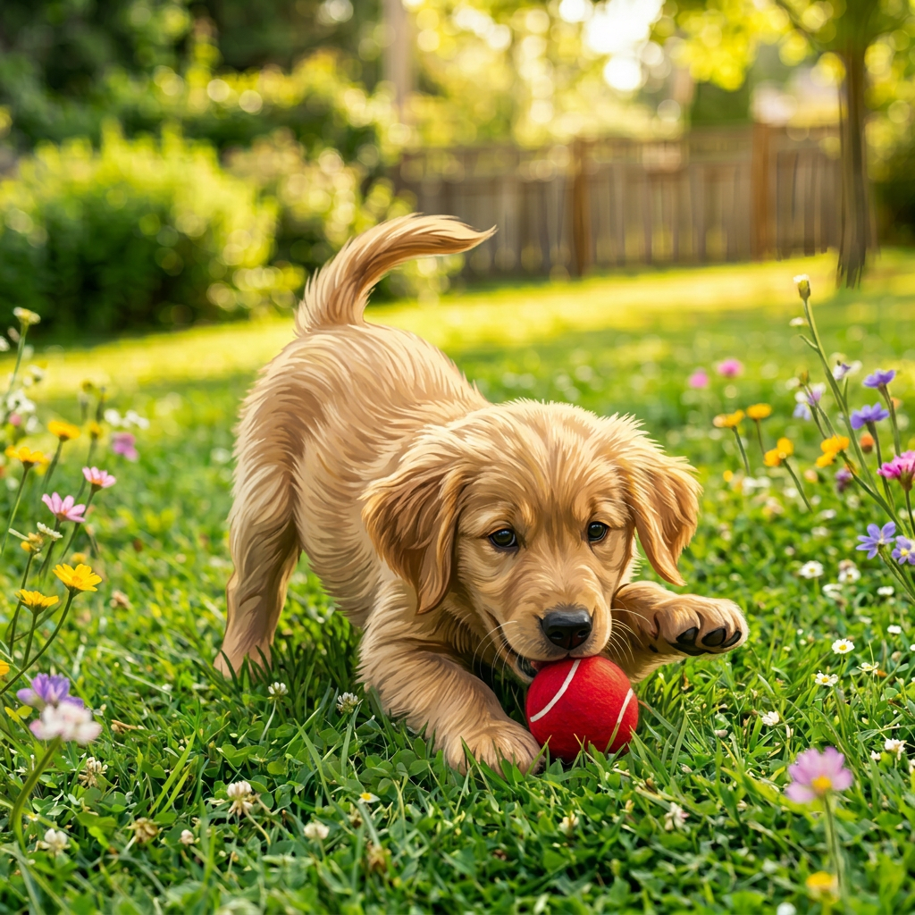Golden retriever puppy sitting on grass with blue collar