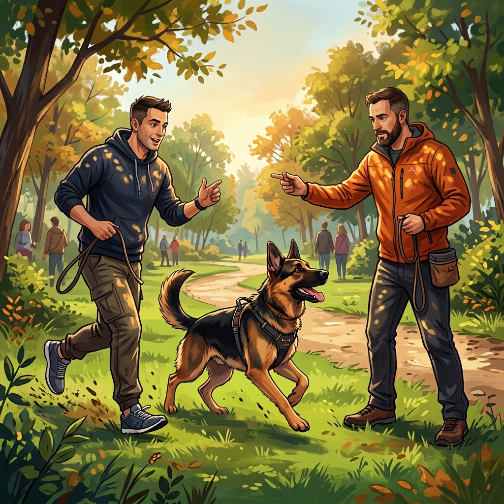 Two men interacting with a German Shepherd dog on a grassy park trail during daytime